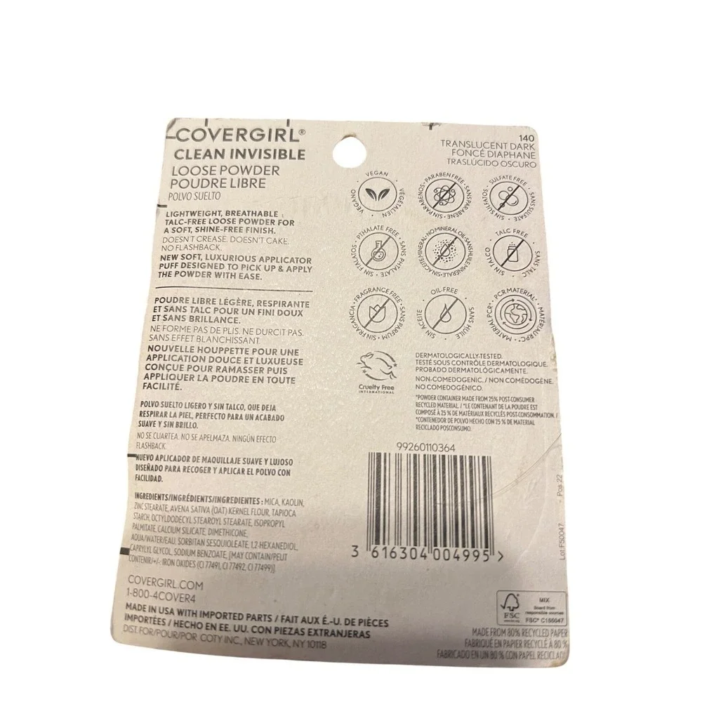Covergirl‎ Clean Invisible Loose Powder 140 Translucent Dark Talc Free Vegan 18g